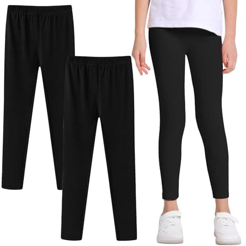 Image of Domueay Girls Leggings Black 2-Pack Kids Cotton Full Length Trousers with Elastic Waistband Breathable Soft Plain Stretchy Legging Children Tights Pants for Sports School Dance, 5-6 Years