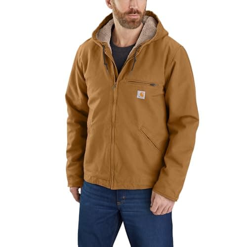 Image of Carhartt Men's Relaxed Fit Washed Duck Sherpa-Lined Jacket Work Utility Outerwear, Brown, 2XL (Reg)