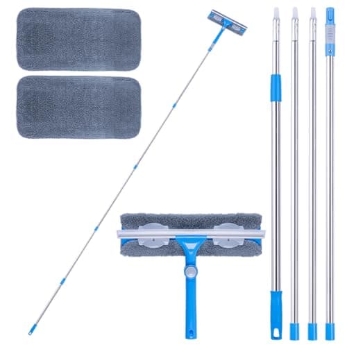 Image of Mitclear 12 Foot (3.7m) Window Squeegee Cleaner Kit, Extension Poles + Silicone Squeegee (12in) + Window Washer, 2 in 1 Windows Glass Cleaning Tool for Indoor/Outdoor High Windows, Blue (IKU-110370)