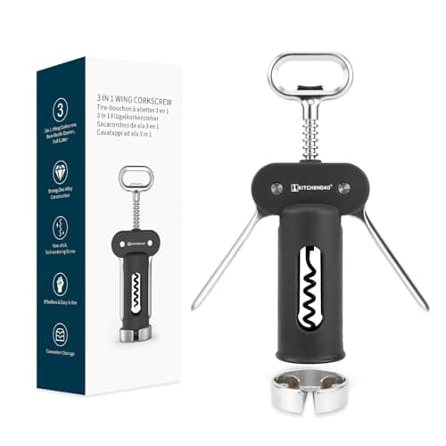 Image of KITCHENDAO 3 in 1 Wing Corkscrew Wine Bottle Opener with Foil Cutter, Built-in Beer Bottle Opener, Wine Opener with Non-Stick Sharp Screw,Easy to Use, Sturdy Durable Manual Corkscrew(Black)