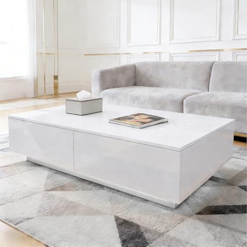 Image of Senvoziii Coffee Table for Living Room, Modern Side Table Wooden Centre Table, White High Gloss Coffee Tea Tables with 4 Drawers Storage for Home Office Furniture