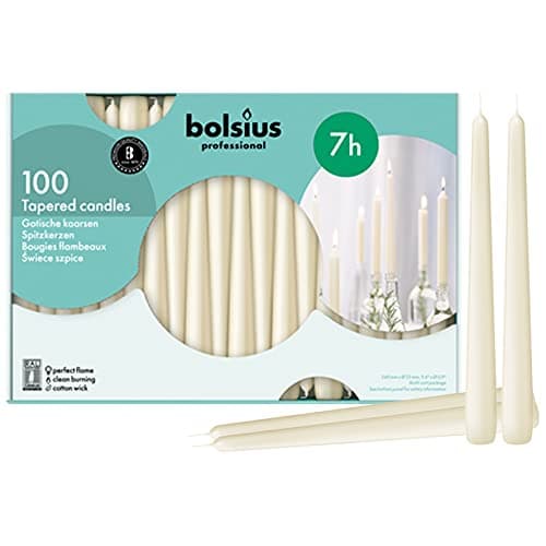 Image of Bolsius Tapered Dinner Candles (Pack of 100), Ivory, Length: 25.4 cm/10 inch, Wax Candles, Tabletop Restaurant Candles, Romantic Dining, P962