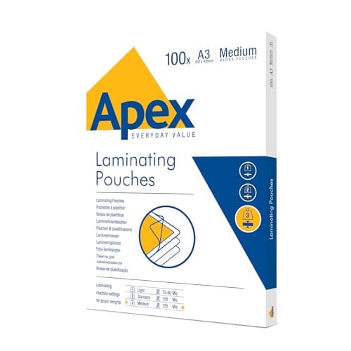 Image of Fellowes Apex A3 Laminating Pouches, Glossy Finish, 100 Sheets - Medium Duty - Ideal for Notices, Photos, Creatives and Everyday Use
