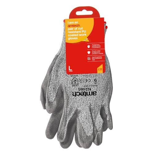 Image of Amtech - Cut Resistant Level 5 Gloves for Home DIY and Gardening, PU Coated Palms to Protect Hands, Comfortable and Secure Fit with Elasticated Wrist (L, Size: 9)