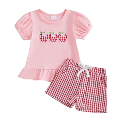 Image of Vioyavo Toddler Kid Girl Summer Clothes Outfit Short Sleeve Round Neck Fruit Embroidery T-shirt Elastic Waist Plaid Shorts (Pink, 3-4T)
