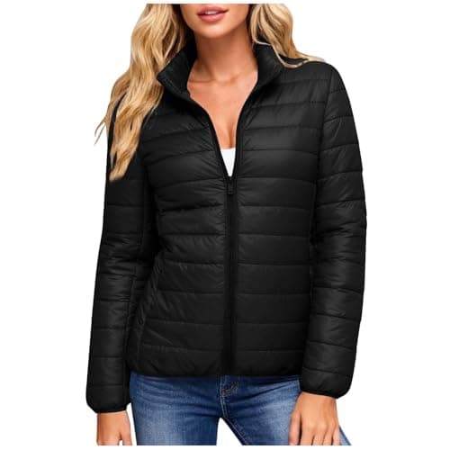 Image of womens coat Womens Coats UK Winter Puffer Jackets Lightweight Waterproof Padded Down Jacket Zipper Stand Collar Quilted Coat Warm Sport Outerwear Outfits with Pockets Black M