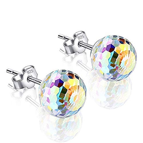 Image of HOMEYU 925 Sterling Silver Aurora Borealis Ball Stud Earrings with Crystal Hypoallergenic