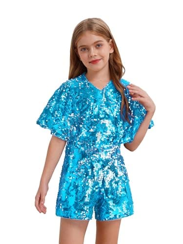 Image of Xnihocha Girls Sequin Jumpsuit Kids Cap Sleeve Short Sparkly Romper Disco Outfits One Piece Pants Suits Light Blue 5-6 Years