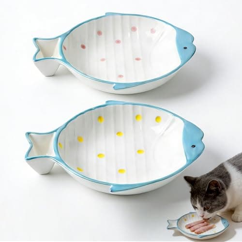 Image of 2 Pack Ceramic Cat Food Bowl Set, Cute Fish, Shallow Wide Flat, Colorful, Whisker Fatigue Cat Dishes for Food, Kitten Food Bowl, for Small Flat Pet Kitten Feeding Plates for Wet/Dry Food, Polka Dots