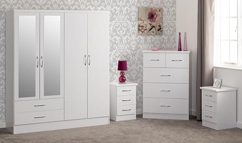 Image of Seconique Nevada 4 Door 2 Drawer Wardrobe Bedroom Set in White Gloss