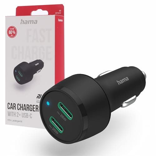 Image of Hama Car Charger, 45-Watt USB-C Power Delivery Fast Charger (2-port cigarette lighter charger for smartphones, multi-port charger with PD, supports Qualcomm Quick Charge) black