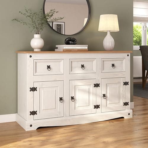 Image of Corona White Sideboard 3 Door 3 Drawer Mexican Solid Pine Wood