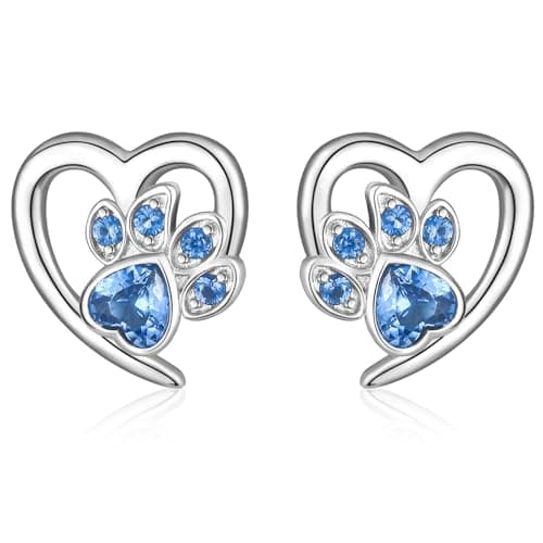 Image of Silver Stud Earrings for Women, 925 Sterling Silver Cute Puppy Dog Cat Paw Print Stud Earrings | Lovely Blue Crystal CZ Endless Love Heart Earring Studs Jewellery Gift for Pet Lovers Little Girls Kids