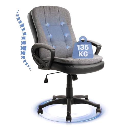 Image of CLATINA Cloth Fabric Office Chair, Swivel Rolling Desk Chair with Upholstered Leather Interlayer Backrest, Adjustable Height Ergonomic Computer Task Chairs with Padded Armrrests and Wheels, Light Grey