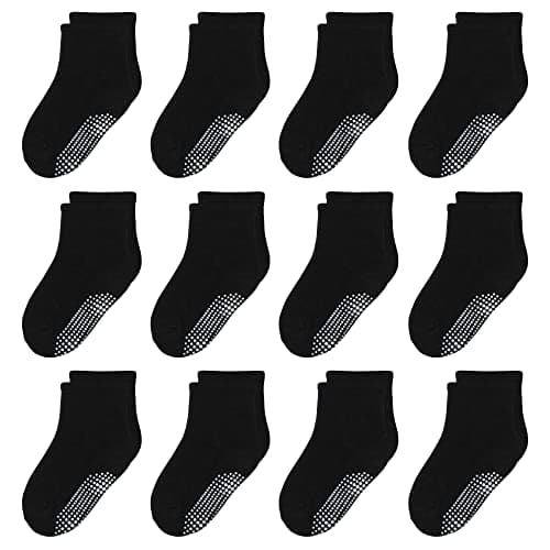 Image of HYzgb Toddler Boys Socks with Non Slip Grips - 12 Pairs Black Cotton Crew Socks for 1-3 Years, Birthday Gift