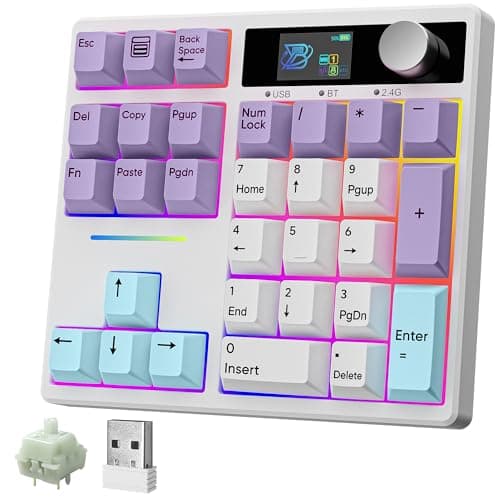 Image of BOYI TD31Pro Mechanical Number Pad,Bluetooth5.0/2.4G/Type-C Wireless Numeric Keypad,RGB HotSwap Numpad with Screen&Knob,PBT Keycap Rechargeable Gasket Number keypad for PC Laptop (White-Purple)