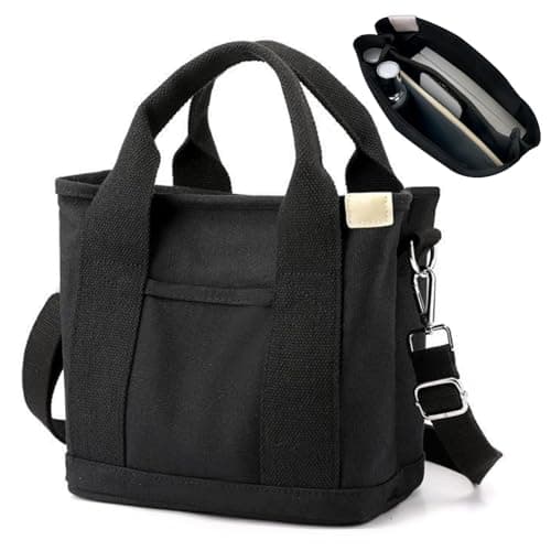 Image of Aucuu Multi-Pocket Tote Bag, Canvas Tote Bags for Women, Crossbody Bags with Adjustable Strap, Large Capacity Shoulder Bag with Zipper, Ladies Handbags for School Shopping Work Travel, Black M