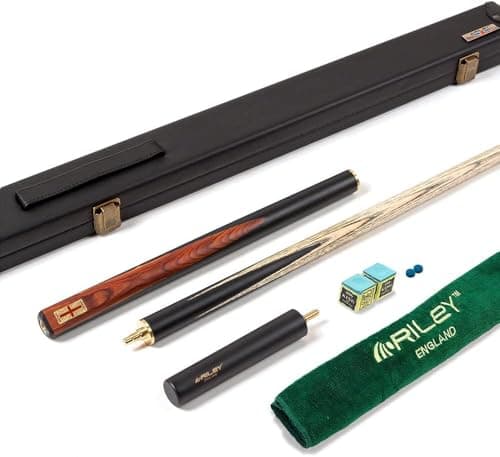 Image of Riley England 3 Piece Snooker Cue & Hard Case 3/4 Cut – Hand Spliced Ebony Butt - 145cm - North American Ash Shaft with 9.5mm Tip - Includes 15cm Extension & Accessory Pack (RES-2 Design)