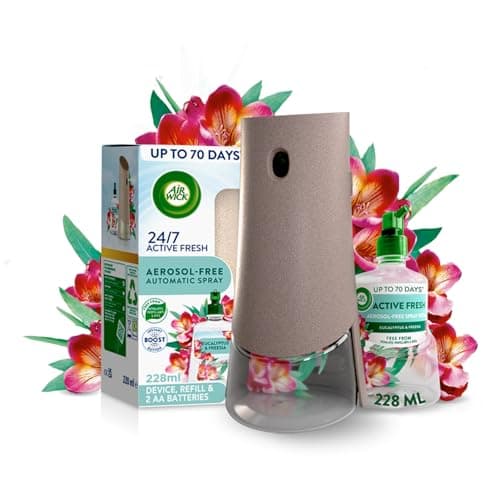Image of Air Wick Aerosol-Free Automatic Air Freshener Spray Kit, Eucalyptus & Freesia, 1 Gadget & 1 Refill (228ml), 24x7 Active Fresh Odour Neutraliser, Lasts Up to 70 Days, Air freshener For Home