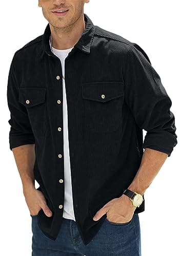 Image of Mens Button Down Shirts Corduroy Shirts Coat Jackets Casual Vintage Shirts Long Sleeves with Chest Pocket Black XXL