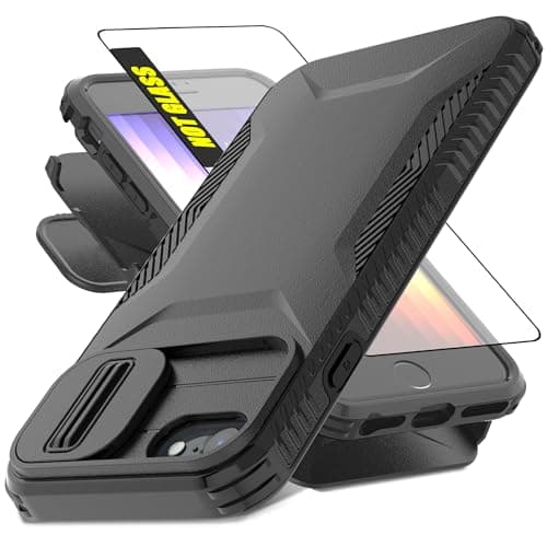 Image of AWZHYDT for iPhone SE 2022/2020 Case, iPhone 7/8 Case, with 1 HD Screen Protector & Slide Camera Cover, Military-Grade Heavy Duty Rugged Shockproof Protective Cover for iPhone 8/7/SE - Black