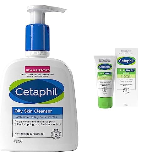 Image of Cetaphil Oily Skin Cleanser, 473ml, Face Wash, For Combination to Oily Sensitive Skin, With Niacinamide & Rich Night Cream, 50g, For Dry To Very Dry, Sensitive Skin, With Niacinamide