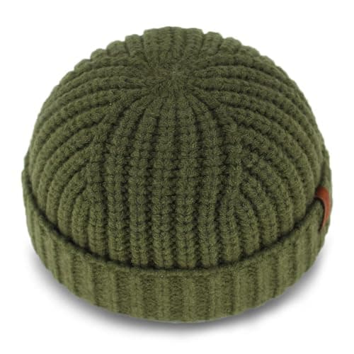 Image of KNITDAY Chunky Wool Fisherman Short Beanie Hats Skull Cap for Men, Mens Thick Skater Streetwear Fishermans Beanie Warm Winter Knit Daily Hat (Olive)