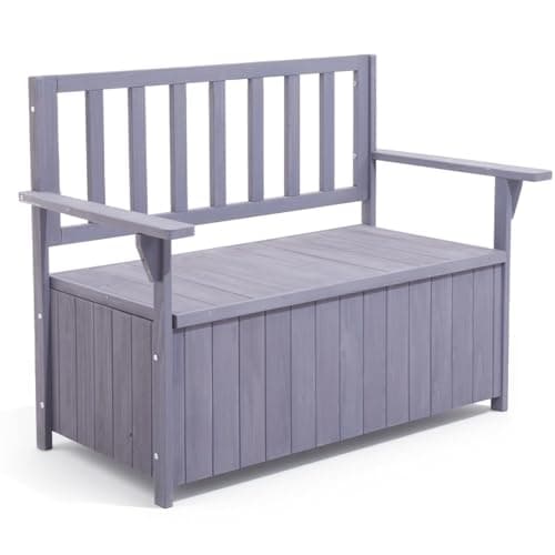Image of Warmiehomy Garden Storage Bench 2 Seater Garden Bench with Box 135L Wooden Outdoor Storage Benches with Backrest Armrest,Grey