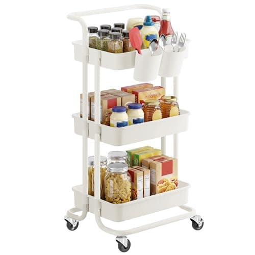 Image of SONGMICS 3-Tier Storage Trolley, Rolling Trolley with Handle, 2 Small Organisers, Steel Frame, Plastic Baskets, Utility Cart, Easy Assembly, for Bathroom Laundry Room, White BSC067W01