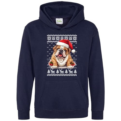 Image of Purple Print House Kids Festive Bulldog Hoodie Boys Girls Christmas Canine Hooded Sweatshirt, 3-4 Years, Navy