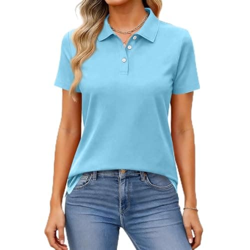 Image of Polo Shirts for Women UK Casual Golf Button Short Sleeve Solid Color Lapel Top Cozy Lady Golf Tops Blue L