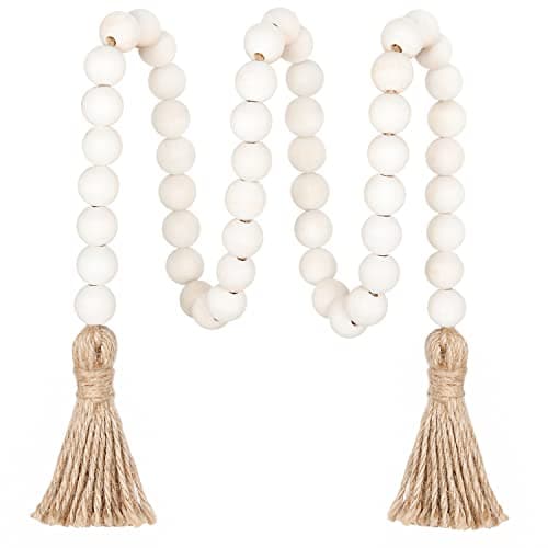 Image of Meplait 39in Wood Bead Garland with Tassels, Farmhouse Rustic Decor Prayer Beads Boho Tassel Garland Wall Hanging Home Decor (Nature)
