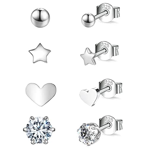 Image of Aoen Sterling Silver Stud Earrings Set - Tiny/Small Hypoallergenic Cubic Zirconia Earrings for Women & Girls (4 pairs)