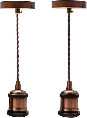Image of LEDSone Copper Pendant Light Kit 2 Pack E27 – Vintage Industrial Ceiling Pendant with 95cm Adjustable Braided Cable, Metal Bulb Holder Lighting Fixture UK
