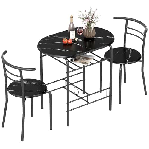 Image of HOMCOM Dining Table and Chairs Set 3, Breakfast Bar Table and 2 Chairs with Storage Shelf, Marble-Effect Tabletop, Metal Frame, Dining Room Set for Living Room, Small Space, Black