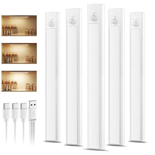 Image of daphomeu 5 Pack 30cm Rechargeable Under Cupboard Kitchen Lights, Dimmable Warm Cabinet Light, LED Motion Sensor Lights Indoor, Magnetic Stick Wireless Light for Shelf Stairs Wardrobe Closet