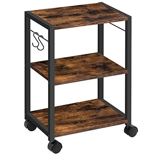 Image of MAHANCRIS Printer Stand, 3-Tier Under Desk Printer Cart with Storage Shelf, Heavy Duty Printer Table with Wheels for Home and Office, Printer Shelf with 2 Hooks, Small Spaces, Rustic Brown APTHR4001Z