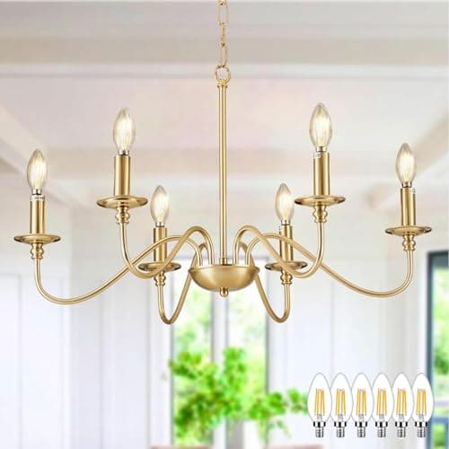 Image of Depuley Gold Chandelier Light Fixture: 6-Light Modern Farmhouse Dining Room Chandelier with 6 E14 Bulbs - Industrial Pendant Lights Kitchen Island - Vintage Iron Candle Chandeliers for Foyer