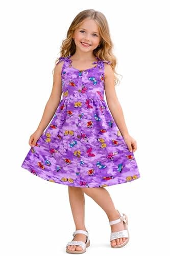 Image of es-uk Summer Dress for Women & Girls - Casual Mum & Daughter Matching Butterfly Print Summer Midi Swing Dress (Purple, 5-6)