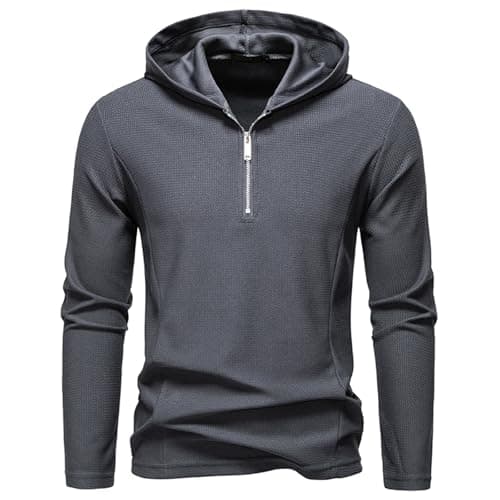 Image of MakingDa Quarter Zip Hoodie Men Waffle Long Sleeve Summer Light Thin Plain Casual Running Sports Half Zip Hooded Jumper Tops for Golf Gym Fishing-Dark Grey-XL