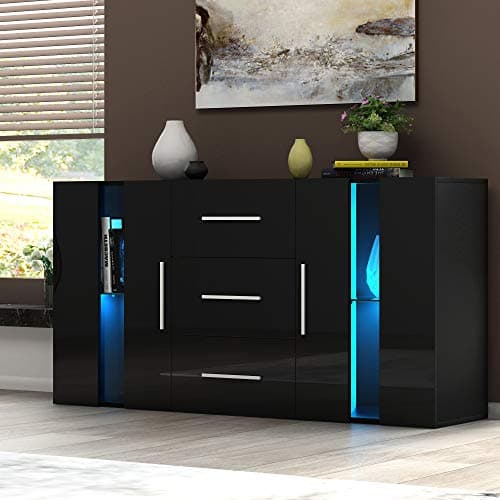 Image of Panana 2 Door & 3 Drawer Modern RGB Lights Sideboard Cabinet, Matt & High Gloss Cupboard Unit Livingroom (Black)