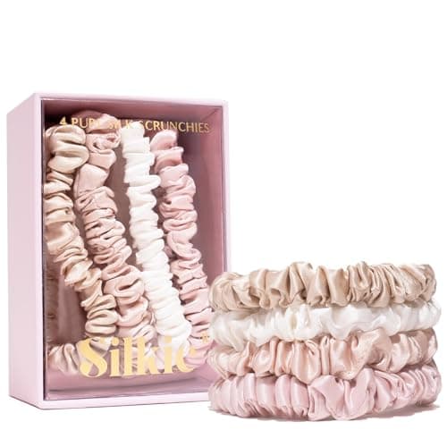 Image of SILKIE x4 Set 100% Pure Mulberry Silk Nude Pink Neutral Skinny Scrunchies Travel Pouch Everyday Hair Ties Elastics Hair Care Ponytail Holder No Damage