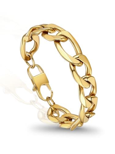 Image of PROSTEEL Mens Bracelet - Stylish Figaro Cuban Chain Wrist Link Bracelets Hypoallergenic 316L Stainless Steel Hip Hop Jewellery for Men Boys Gold Plated 19CM Length 13MM Width (with Gift Box)