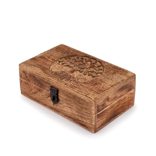 Image of Samhita Handmade Mango Wood Tree of Life Engraving Beautifully Keepsake Box Jewellery Organiser Unique Gift Ideas for Men & Women (Flame Work Finish)