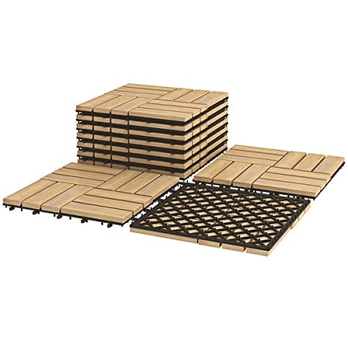 Image of HOMFME 10 PCS Acacia Wooden Decking Tiles, 30 x 30 cm Interlocking Flooring Tiles with Click System, Drainage Function, Indoor Outdoor Hardwood Decking Boards for Garden Balcony Patio Pavement