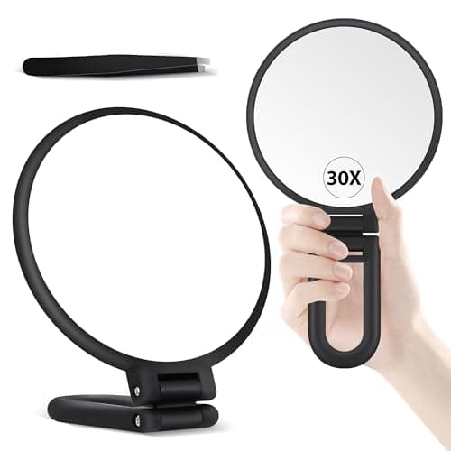 Image of MIYADIVA 30X Magnifying Mirror, Hand Mirror with Handle, Double Sided Hand with 30X/1X Magnification, Travel Essential, Portable Foldable Makeup for Precision Makeup Frosted Black