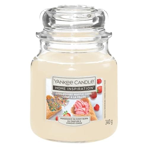 Image of Yankee Candle Home Inspiration Strawberry Waffle Cone Scented Jar Candle, Medium Size 340g, Glass Container with Lid
