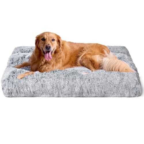 Image of EHEYCIGA Extra Large Dog Bed XL, Fluffy Calming Dog Bed Anti Anxiety Crate Bed Washable Cushion with Anti-Slip Bottom, Grey, 112x85x10cm