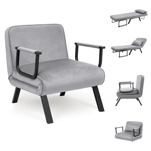 Image of CROWNSHOP Folding Sofa Bed 4-in-1 Convertible Single Chair Bed with 6-Position Backrest and Pillow, Folding Sleeper Couch with Back Upholstered Seat Single Flip Chair for Living Room (Gray)