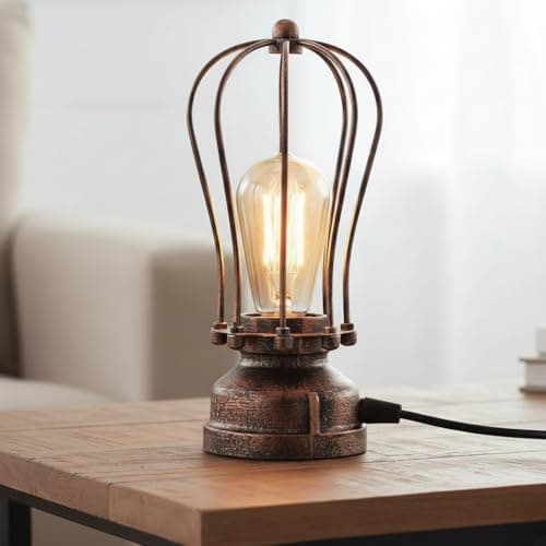 Image of DC VOLTAGE Industrial Table Lamp Vintage Brushed Copper Metal Cage Bedside Lamp E27 Desk Light with LED Bulb Included for Bedroom Living Room Office Bar Café Loft Lighting